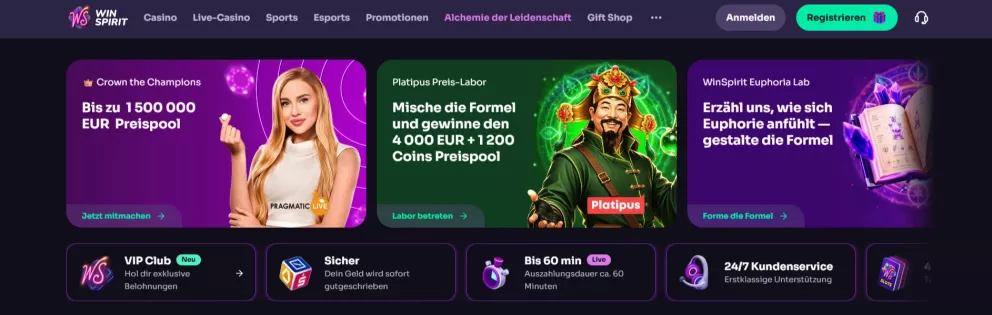 Winspirit Casino Willkommensbonus 400€ plus 100 Freispiele